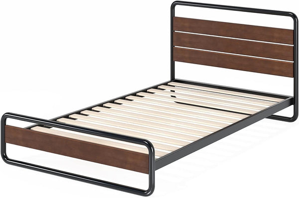 Zinus Therese Single Bed frame - Bed 90x190 cm - 20 cm Height - Metal and Wood Platform bed frame with wood slat support - Brown