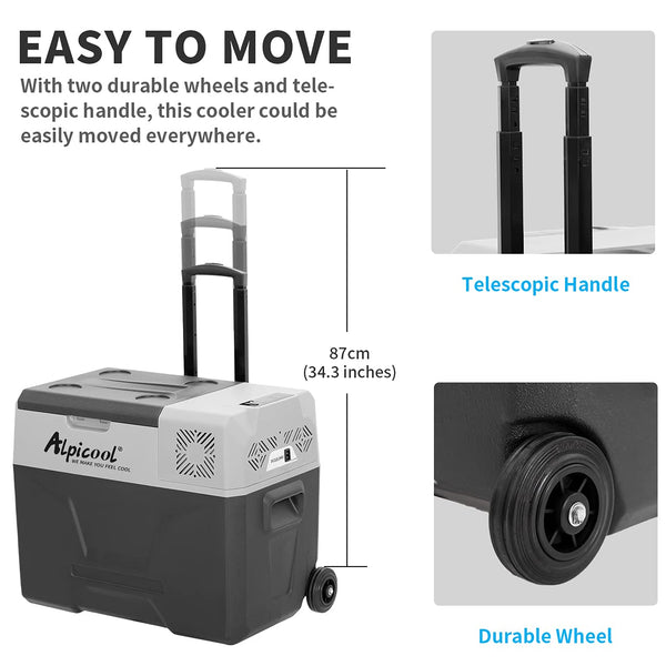 Alpicool CX50 50L Compressor Car Refrigerator, Portable Camping Fridge DC 12v Freezer for Truck, Campervan, RV, Boat, -20℃ to 20℃, with Telescopic Handle, USB Socket