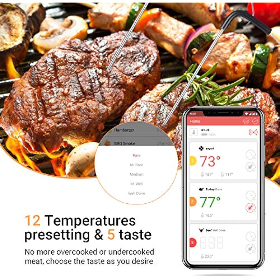 INKBIRD IBT-2X Bluetooth Cooking Thermometer Wireless Barbecue BBQ Grill Monitor Steel Probe Temperature Alarm Portable Android & iOs for Oven Meat Smoker
