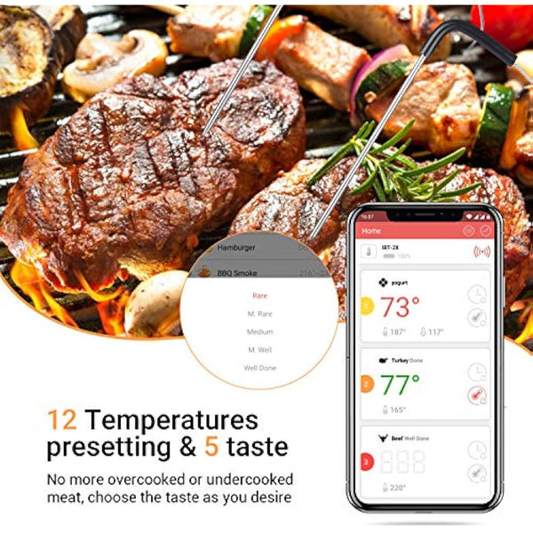 INKBIRD IBT-2X Bluetooth Cooking Thermometer Wireless Barbecue BBQ Grill Monitor Steel Probe Temperature Alarm Portable Android & iOs for Oven Meat Smoker