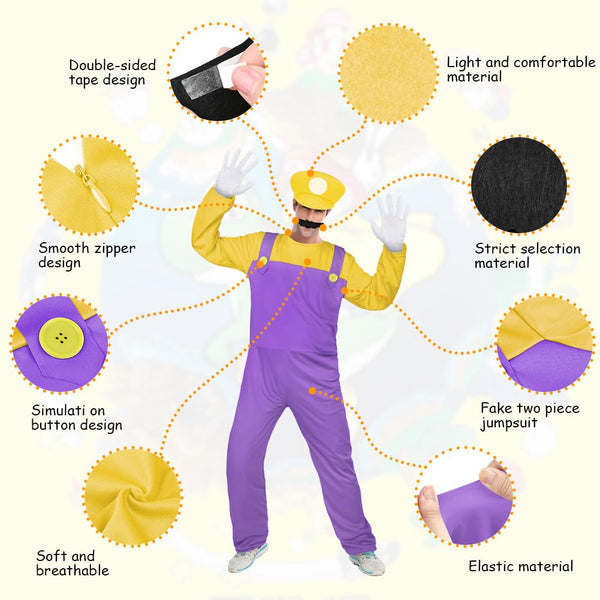 Aomig Mario Costumes, 4 Pack Mario Cosplay Costume Accessories Kits with Bodysuit, Luigi Hats Cap, Mustaches, White Gloves, Mario Luigi Bros Fancy Dress Outfit Costume for Women Men