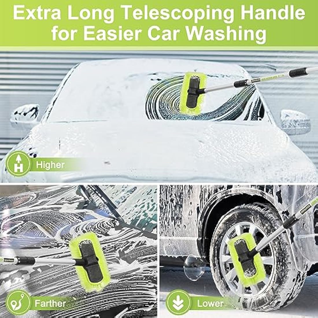 65”165cm Car Wash Brush Long Handle Soft Bristle Scrub Cleaning Mop with 4 hand-held Places Extendable Washing Brushes Broom Kit for RV Boat Truck SUV Caravan Solar Panel House Siding,Sweep Snow