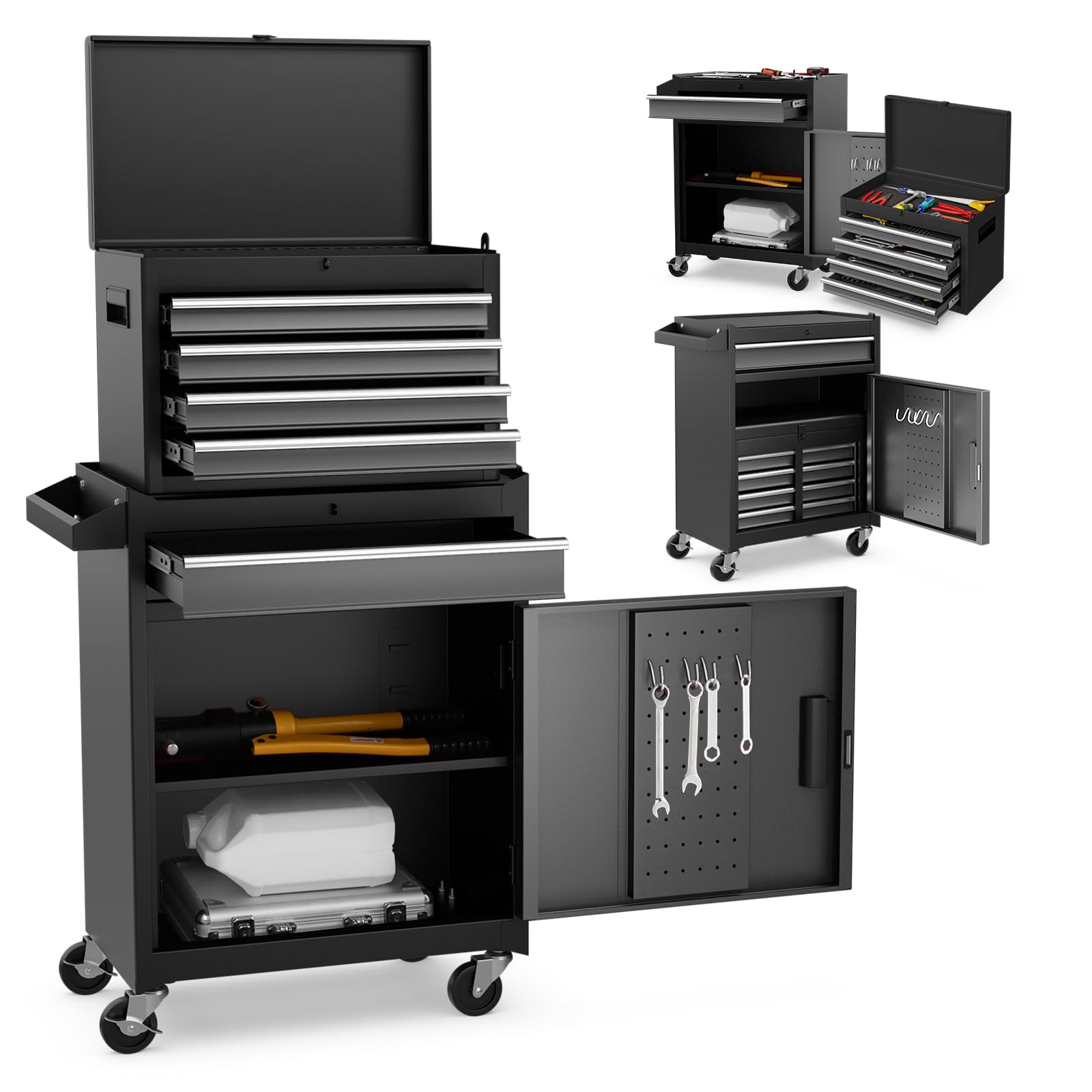 COSTWAY Large Rolling Tool Cabinet, 2-in-1 Detachable Metal Tool Chest with Drawers, Wheel, Handle, Hooks & Pegboard, Lockable Tool Box Trolley for Garage Workshop (with Middle Compartment, Black)