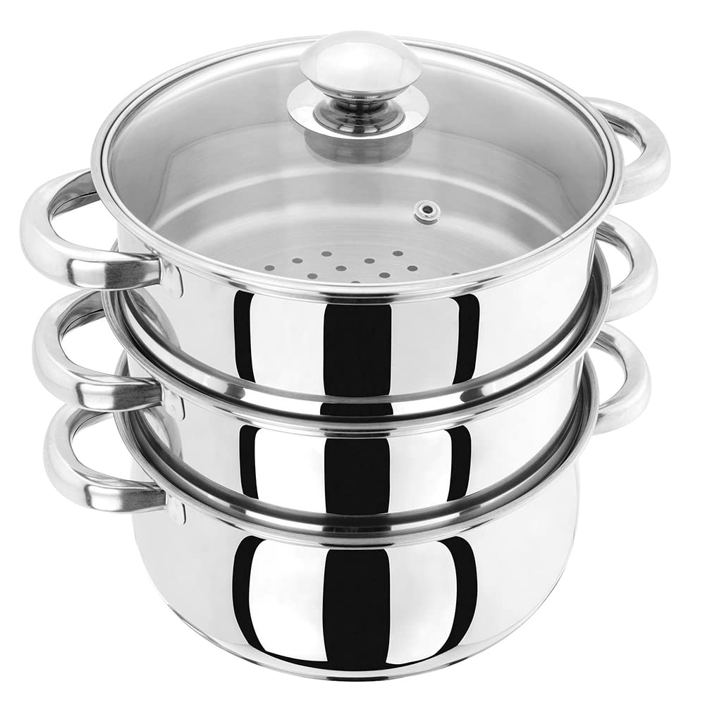 Judge Essential 3-Tier Stainless Steel Steamer - Thermic Based & Vented Glass Lid, Oven-safe Vegetable Steam Cooker with Cool Handles