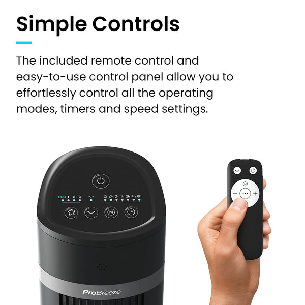 Pro Breeze Bladeless Tower Fan Quiet & Portable with Remote Control, 90° Oscillation, 15h Timer, 4 Modes, 3 Speeds - Powerful Electric 45W Motor Standing Air Circulator for Bedroom & Office