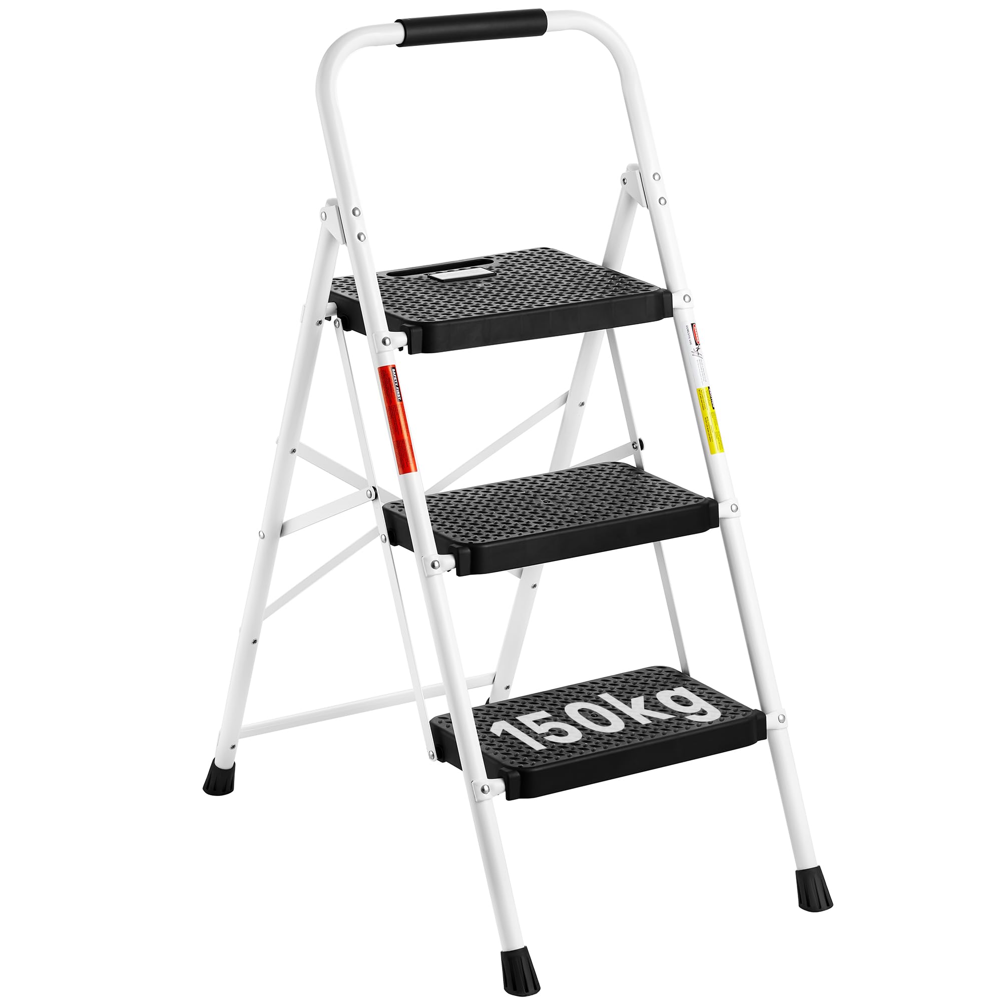 BONTEC 2 Step Ladder, Capacity 150KG with Wide Anti-Slip Pedals, Folding Steel Step Stool, Sponge Handlebar, Lightweight Portable Ladder Suitable for Home, Kitchen, Pantry, Indoor/Outdoor Use, Black
