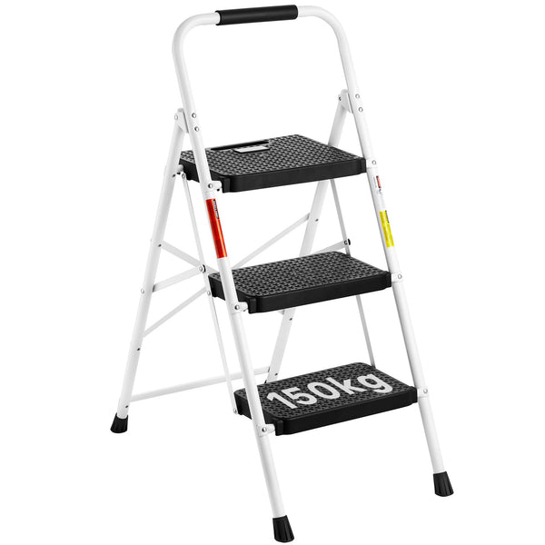BONTEC 4 Step Ladder Folding, Heavy Duty Foldable Step Stool with Wide Anti-Slip Pedals, Sponge Handrail and Tool Tray, Portable Household Ladder 150kg Capacity, Compact Collapsible Indoor Ladder