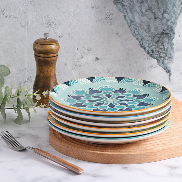 AHX Dinner Plates - Porcelain Dessert Plate - Set of 6 Multi-Coloured Salad Plates | Fruit | Appetizers | Breakfast - 8"