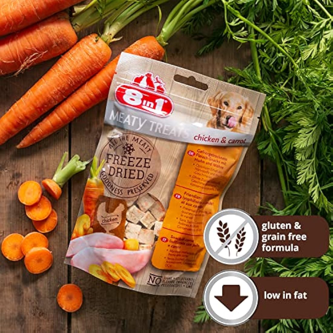 8in1 Meaty Treats, freeze dried snacks for dogs with chicken and carrot, grain free, no sugar, 50g