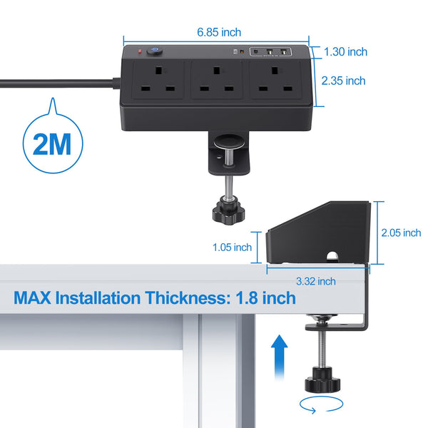 Desk Power Socket with USB C Slots, HAFINO PD 20W Fast Charging Power Station, 2M Extension Lead with USB Slots with Removable Clamp, Desktop Power Strip for Home Office