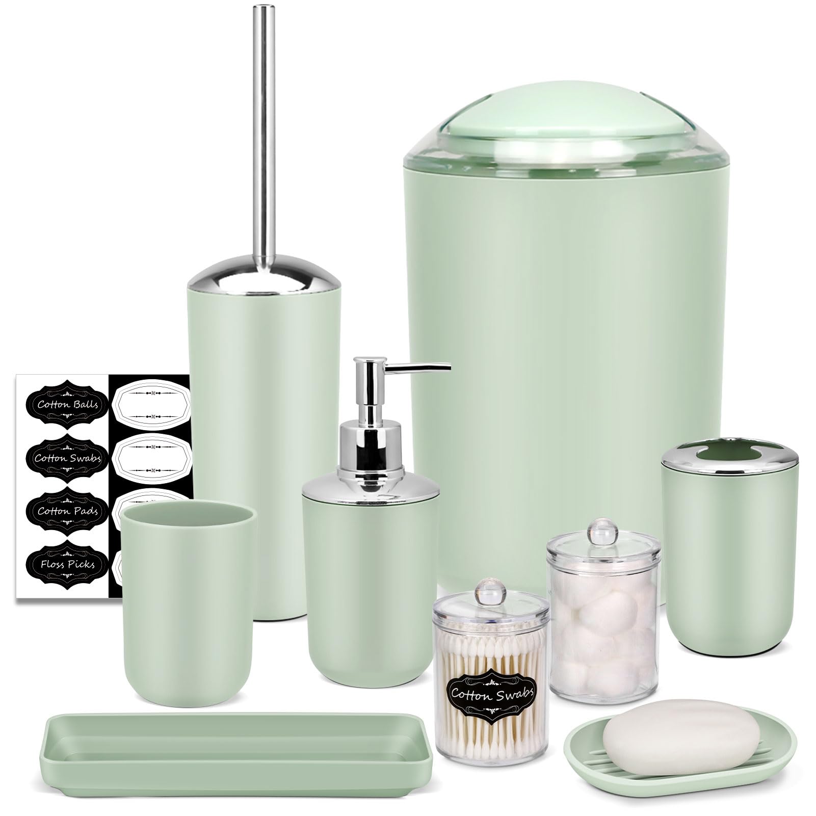 IMAVO Bathroom Accessory Set - 8 Pcs Green Bathroom Accessories Set with Trash Can, Soap Dispenser, Soap Dish, Toothbrush Holder, Toothbrush Cup,