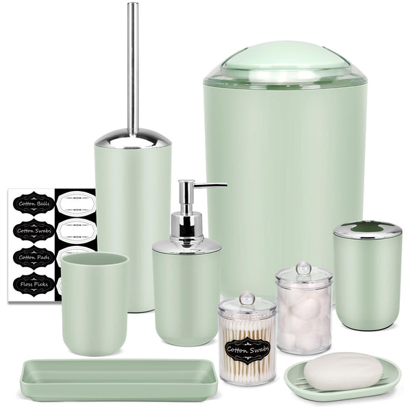 IMAVO Bathroom Accessory Set - 8 Pcs Green Bathroom Accessories Set with Trash Can, Soap Dispenser, Soap Dish, Toothbrush Holder, Toothbrush Cup,