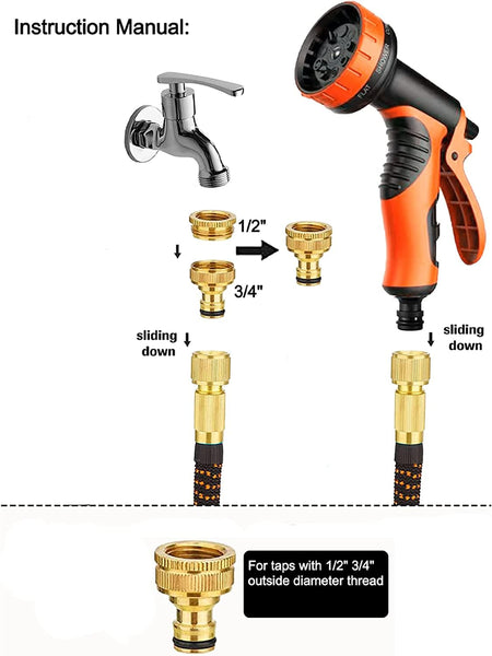 Expandable Garden Hose with 10 Modes Water Spray Gun,3/4"&1/2" Solid Brass Connectors, Durable 3450D Weave, Garden Hose Reel,No-Kink Flexible Magic