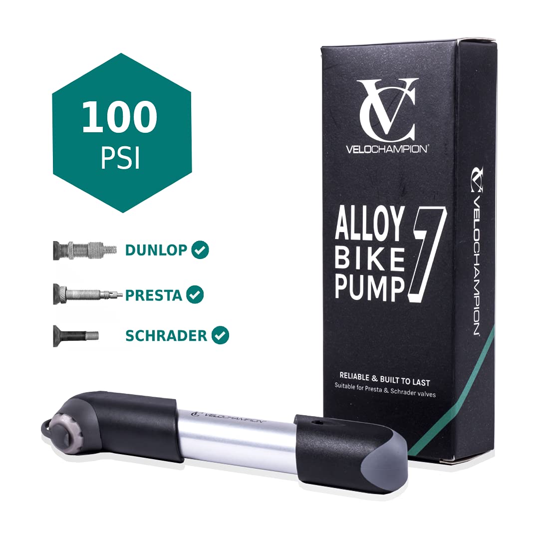 VeloChampion Mini Bicycle Pump with Frame Mount. Portable Alloy Pump For Presta, Schrader and Dunlop Valves. Suitable for All Bikes - Road, Mountain & BMX