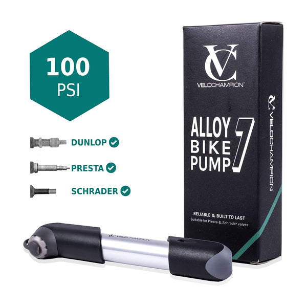 VeloChampion Mini Bicycle Pump with Frame Mount. Portable Alloy Pump For Presta, Schrader and Dunlop Valves. Suitable for All Bikes - Road, Mountain & BMX