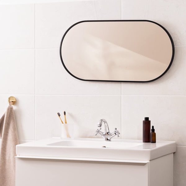 Navaris Oval Wall Mirror - 75 x 38 x 3 cm - Wall Mounted Hanging Mirror with Black Rustproof Aluminium Frame - Mirror for Bathroom Bedroom Hallway