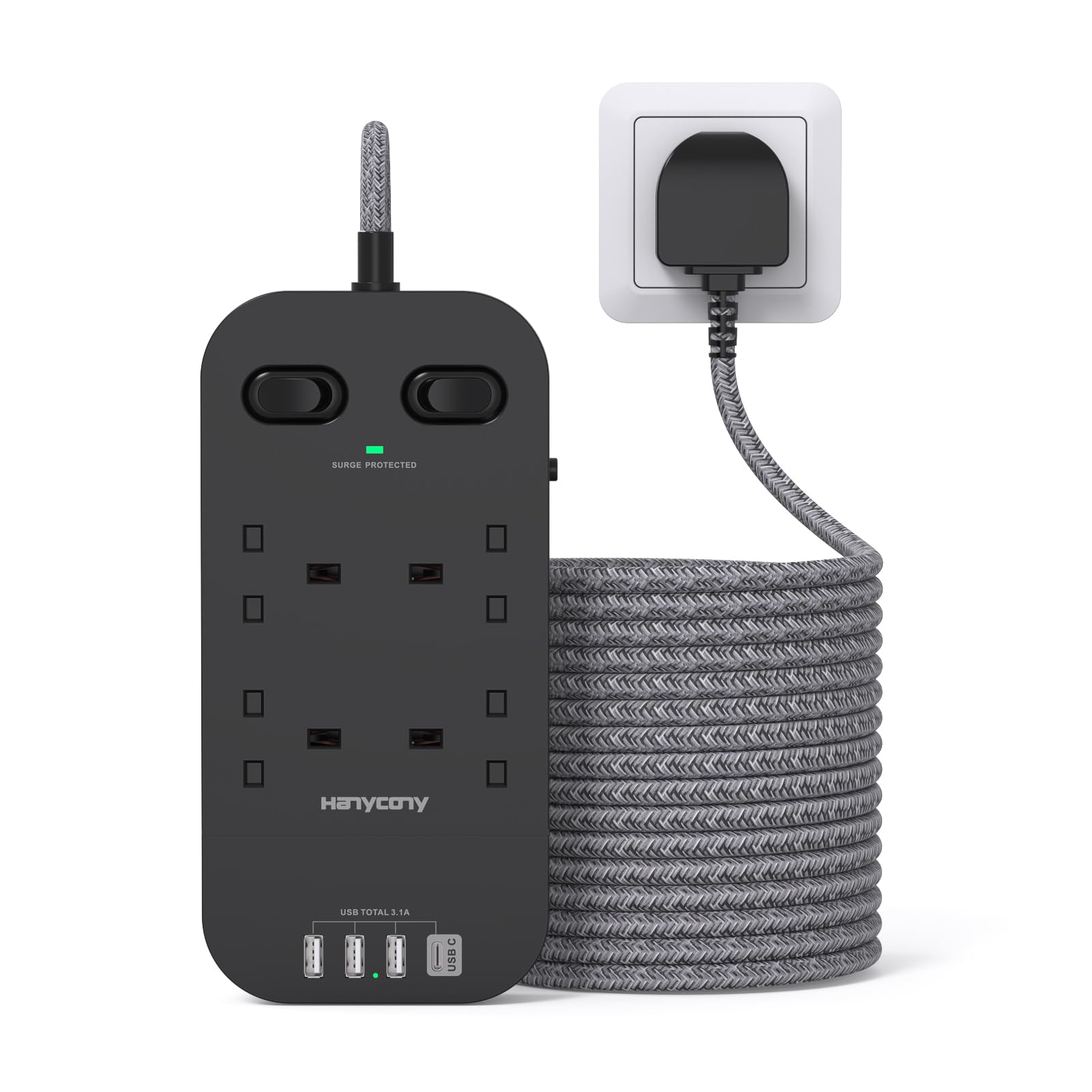 4 Way Surge Protected Extension Lead with USB Slots, HANYCONY Extension Cable with Double Switches, Plug Extension Socket 1.8M Braided Extension Cord for Home Office Accessories, Gray