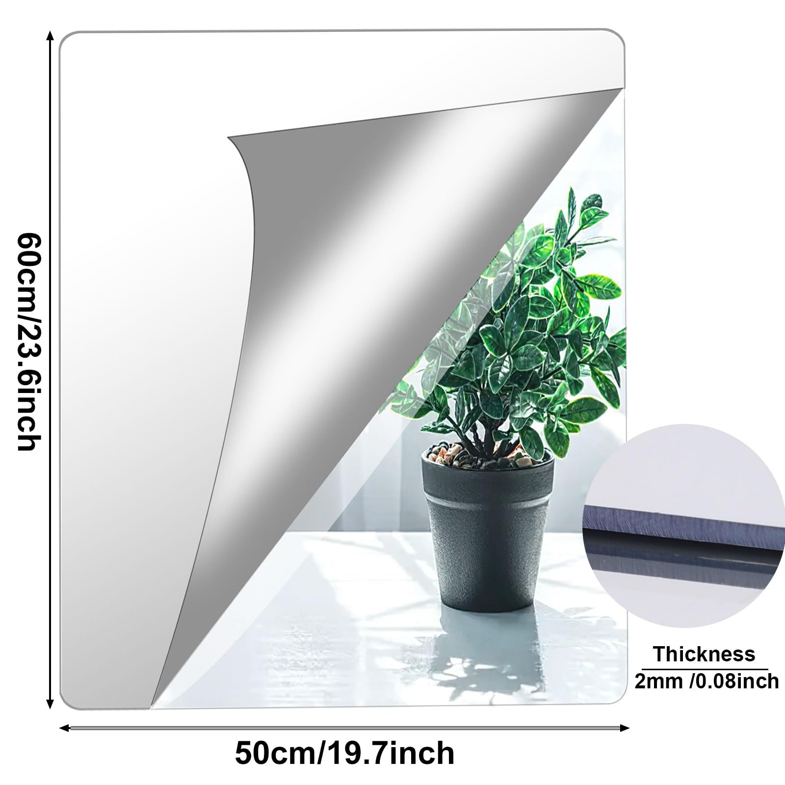 4 Pack Self Adhesive Mirror 50x60cm Adhesive Mirror Tiles 2MM Thick Acrylic Stick On Wall Mirrors Sheets Removable Mirror Tiles for Home Decoration