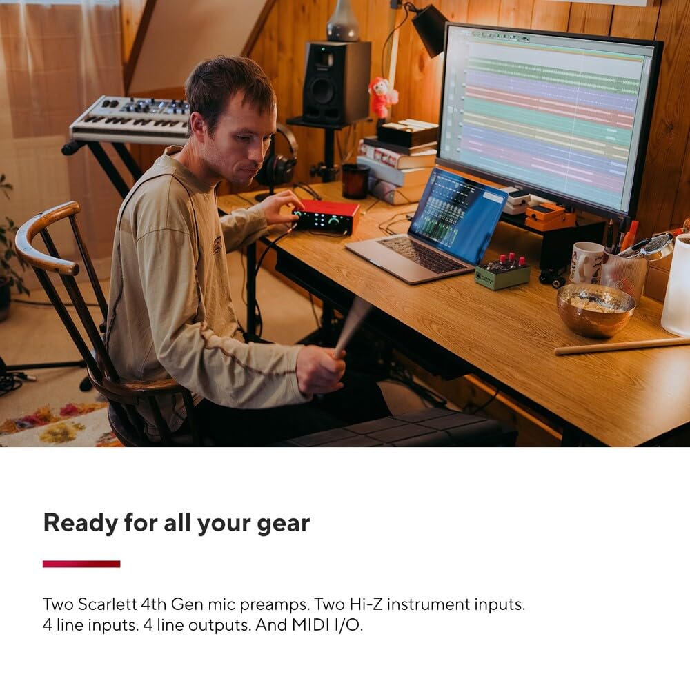 Focusrite Scarlett 2i2 4th Gen USB Audio Interface for Recording, Songwriting, Streaming and Podcasting — High-Fidelity, Studio Quality Recording, and All the Software You Need to Record