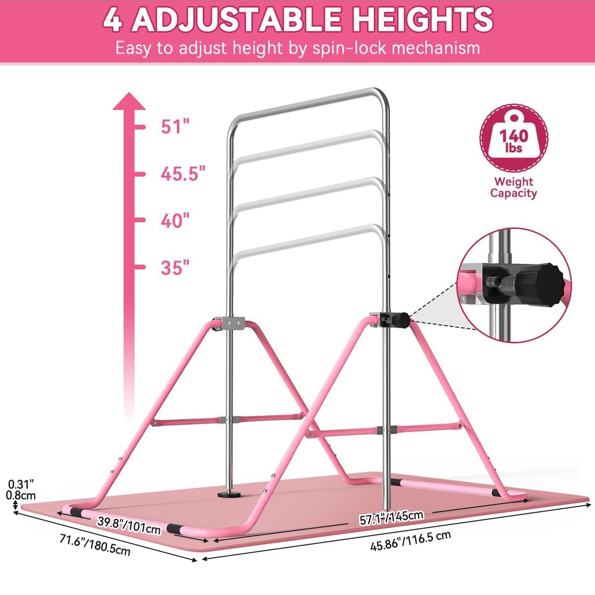 FBSPORT Gymnastics Bar, Folding Horizontal Bar Gymnastics Equipment for Kids Home Training, Expandable Gymnastics Training Bar Junior with Adjustable Height for Girls Boys