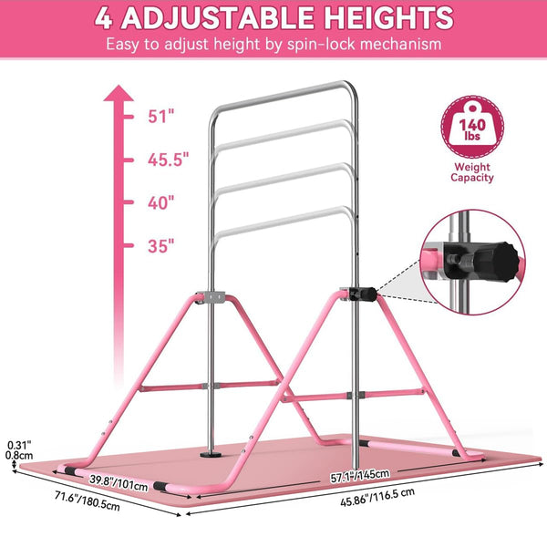 FBSPORT Gymnastics Bar, Folding Horizontal Bar Gymnastics Equipment for Kids Home Training, Expandable Gymnastics Training Bar Junior with Adjustable Height for Girls Boys