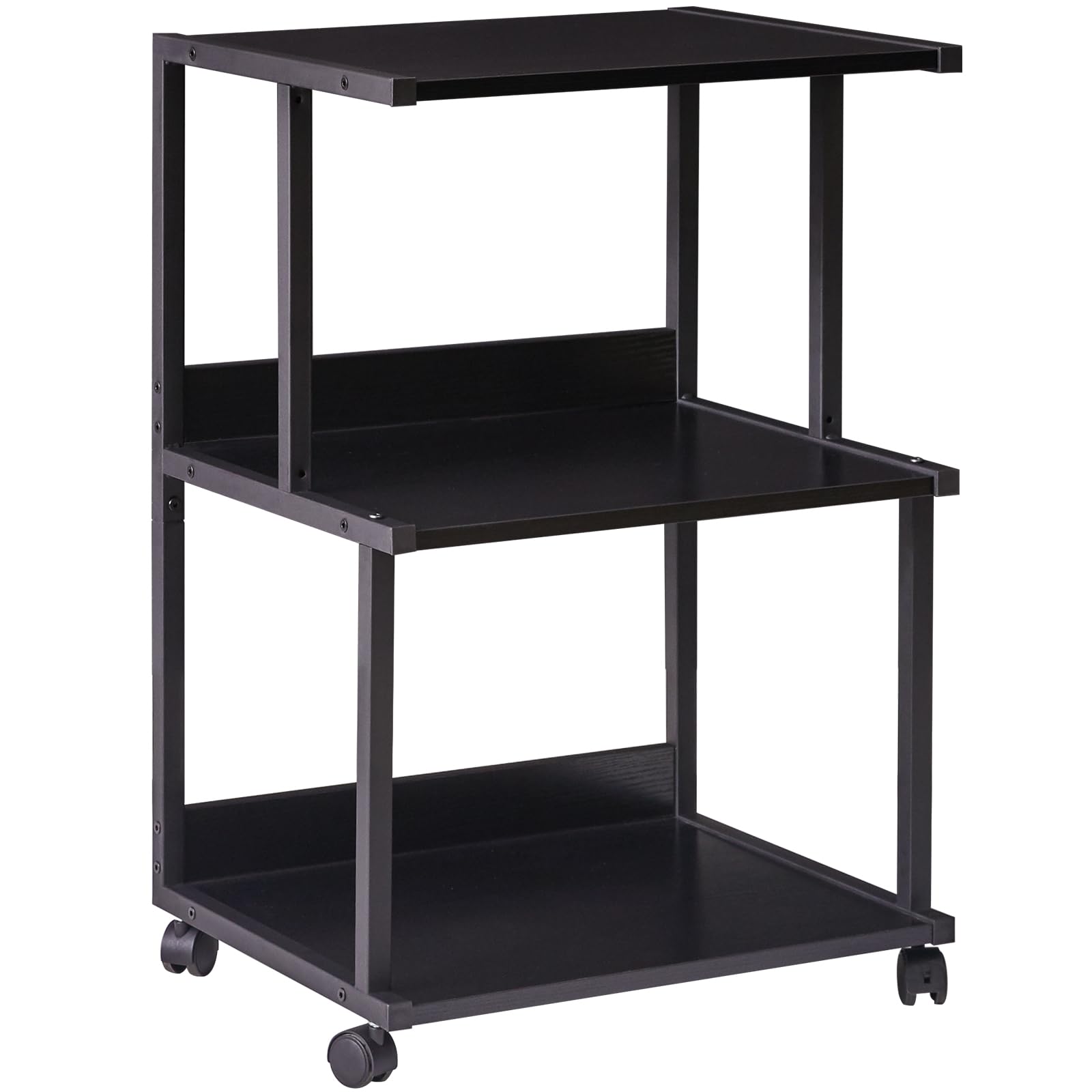 IBUYKE Black Printer Stand with Storage Shelf,3 Tier Printer Table with Wheels,Printer Cart for Home Office Organization, Rolling Cart Stand for Heat