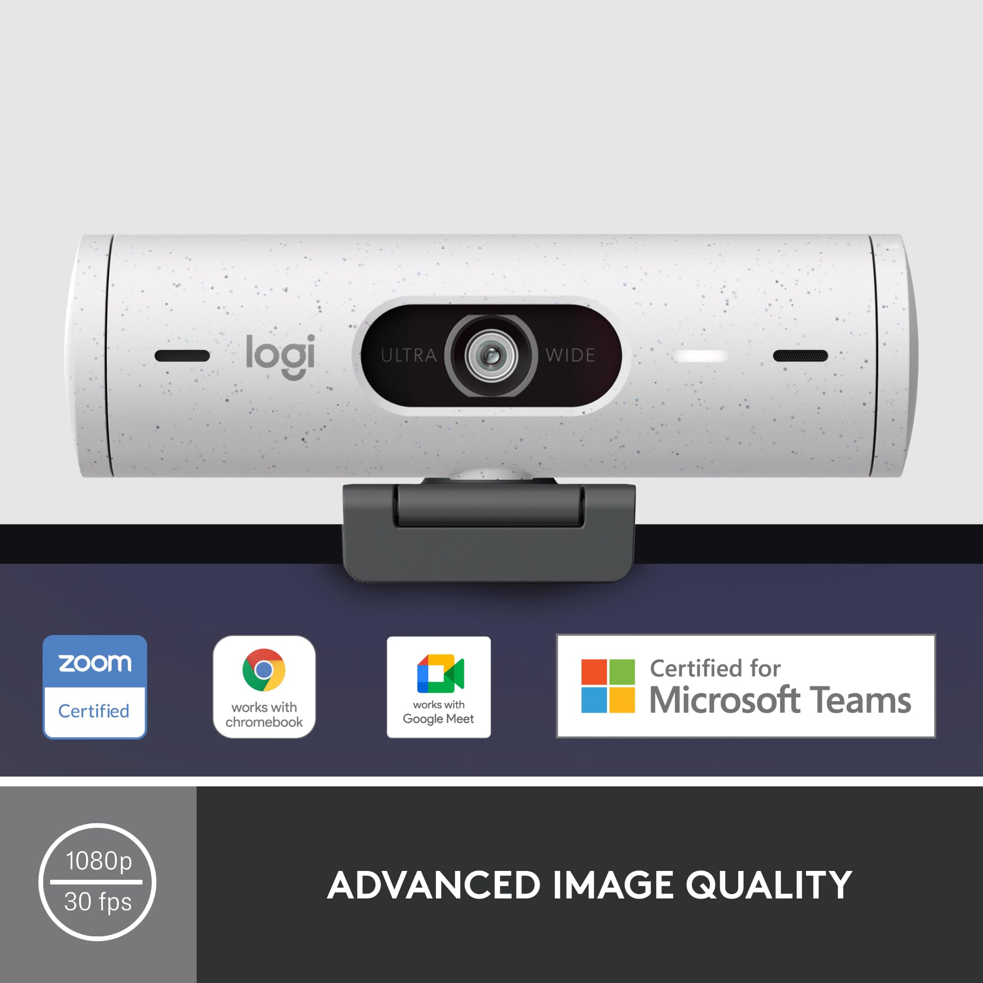 Logitech Brio 500 Full HD Webcam with Auto Light Correction, show Mode, Dual Noise Reduction Mics, Webcam Privacy Cover, Works with Microsoft Teams, Google Meet, Zoom, USB-C Cable, Streaming - White