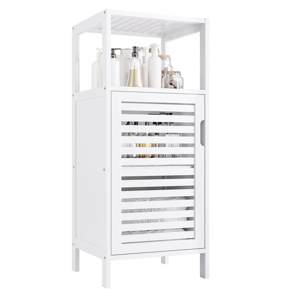 HITNET Bamboo Bathroom Storage Cabinet, 4 Tier Small White Floor Cabinet, Freestanding Narrow Slim Storage Organizer with Single Door