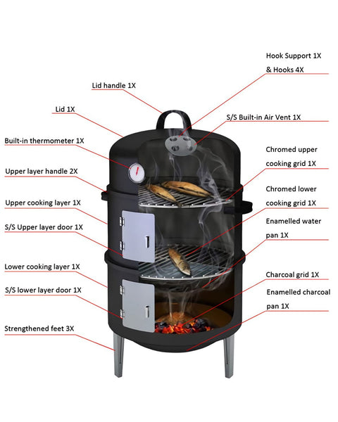 SUNLIFER Charcoal BBQ Grill, Heavy Duty 3-in-1 Barbecue Smoker Grill for Garden Camping Outdoor Cooking and Grilling 89x56x43CM