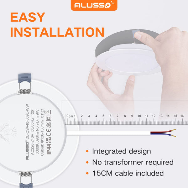ALUSSO LED Downlights Ceiling 9W Ultra Slim Recessed Ceiling Lights, Warm White 3000K IP44 Spotlights Ceiling Lights for Kitchen Bathroom, 6 Pack
