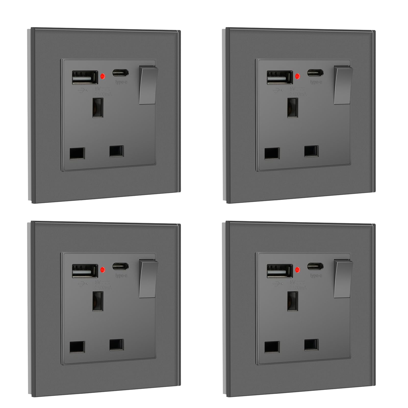 BSEED Double Socket 13A with LED Indicator, Double Switched Wall Socket 2 Gang UK Standard, Electric Switched Plug Power Wall Outlet with Glass Panel, Grey