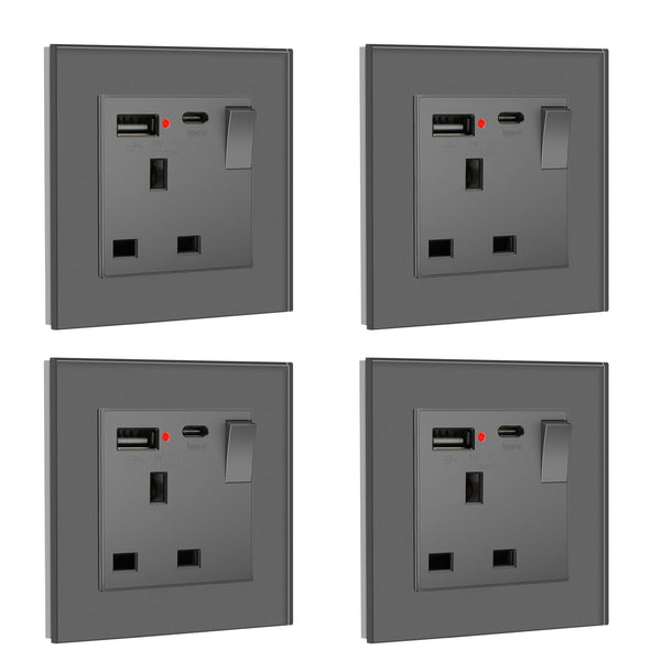 BSEED Double Socket 13A with LED Indicator, Double Switched Wall Socket 2 Gang UK Standard, Electric Switched Plug Power Wall Outlet with Glass Panel, Grey