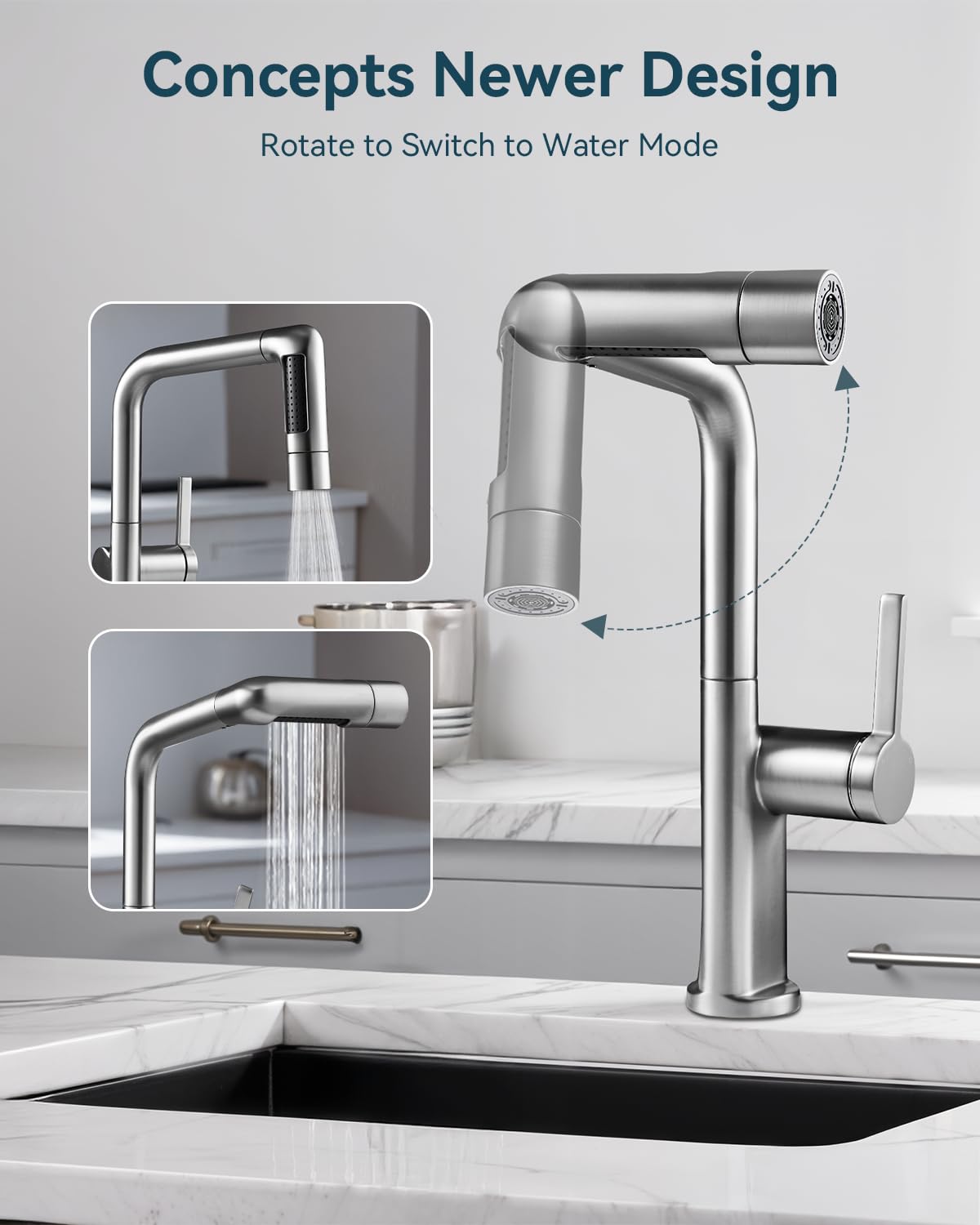 Warmiehomy 5 Modes Kitchen Taps Mixer with Pull Out Spray,High Arc 360° Swivel Dual Spout Pull Down Stainless Steel Kitchen Sink Taps,Brushed Nickel