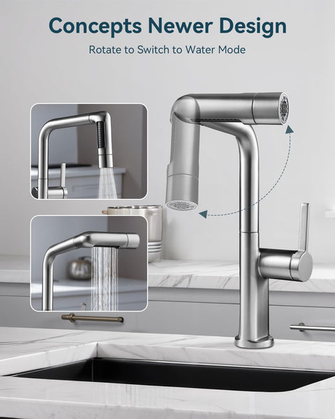 Warmiehomy 5 Modes Kitchen Taps Mixer with Pull Out Spray,High Arc 360° Swivel Dual Spout Pull Down Stainless Steel Kitchen Sink Taps,Brushed Nickel