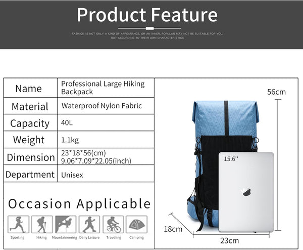 POWER KING 40L Expandable TO 50L Hiking Backpack,Upgraded X-PAC Scratch-proof Lightweight Large Rucksack for Mens Women, Outdoor Roll Top Camping Packsack, Fit for 15.6'' Laptop