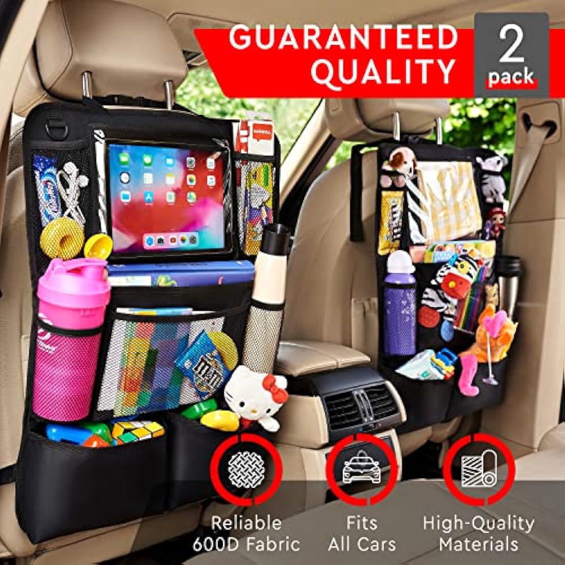Helteko Car Seat Organiser, Kick Mats Back Seat Protector with Touch Screen Tablet Holder, Car Backseat Organiser for Kids, Car Travel Accessories, Car Organiser with 9 Storage Pockets, 2 Pcs