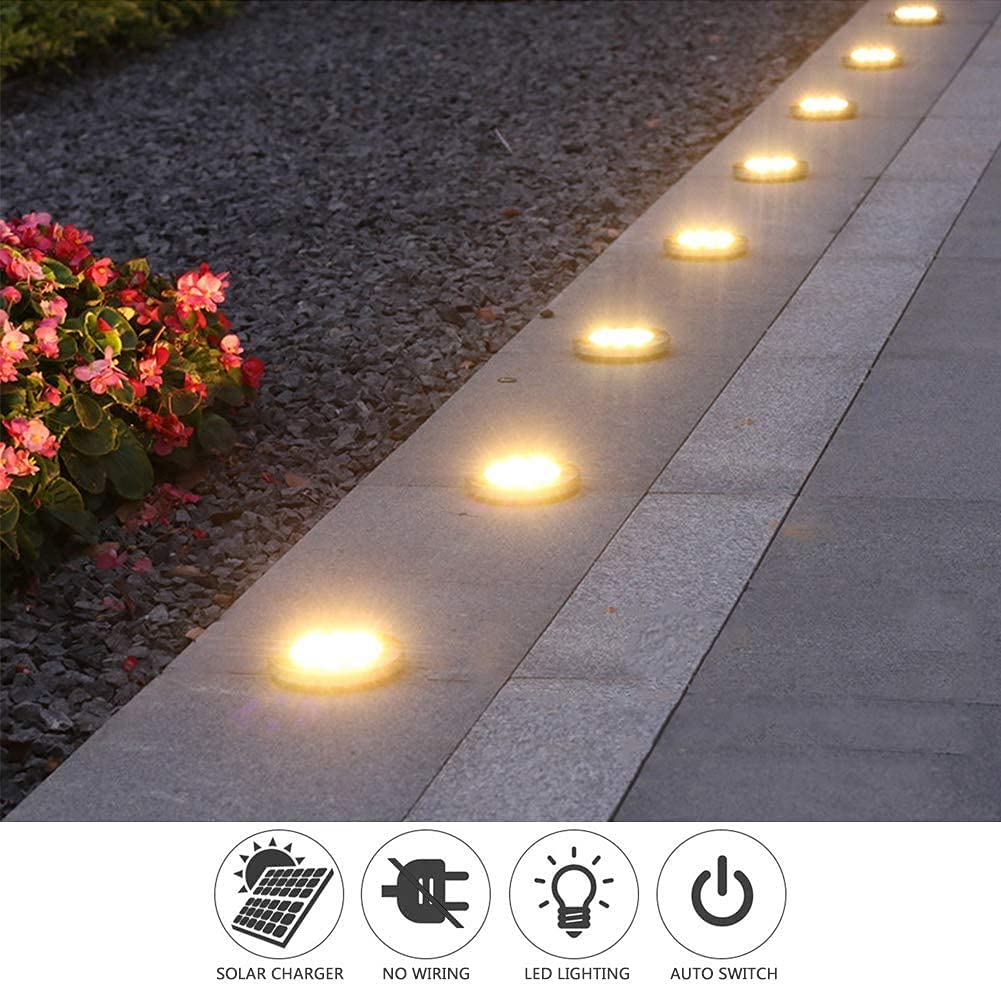 Solar Lights Outdoor Garden,600mAh Solar Ground Lights, 8 LED Solar Disk Lights for Garden Lawn Pathway Yard Landscape Walkway（8 Pack Bright White） ﻿
