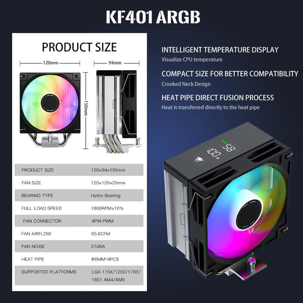 TZMRIT KF420 DGT ARGB CPU Cooler with temperature display, for Intel LGA 1700/1200/115X/1851/1366/2011, for AMD AM4/AM5 (BK)