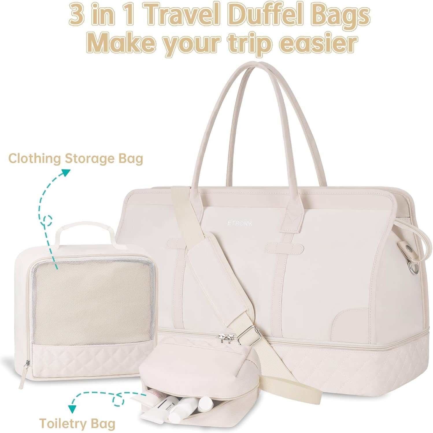 ETRONIK Weekend Overnight Bag for Women, Large Travel Duffle Bag with Shoe Compartment & Wet Pocket, Carry On Tote Bags Gym Duffel Bag with Toiletry Bags for Hospital 3 Pcs Set, Black