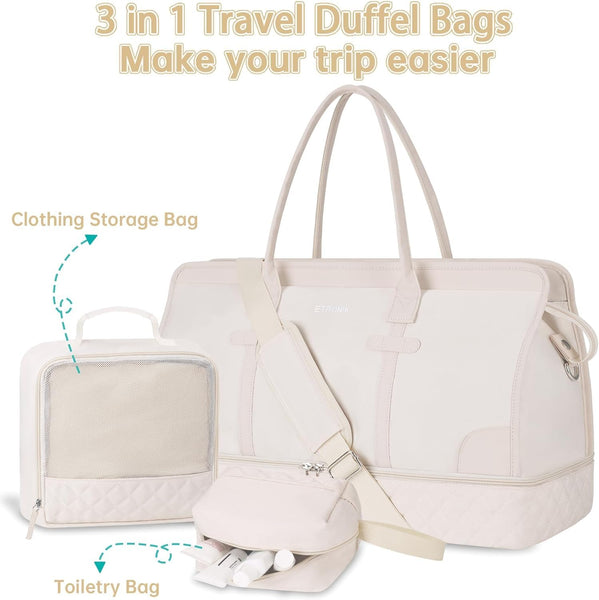 ETRONIK Weekend Overnight Bag for Women, Large Travel Duffle Bag with Shoe Compartment & Wet Pocket, Carry On Tote Bags Gym Duffel Bag with Toiletry Bags for Hospital 3 Pcs Set, Black