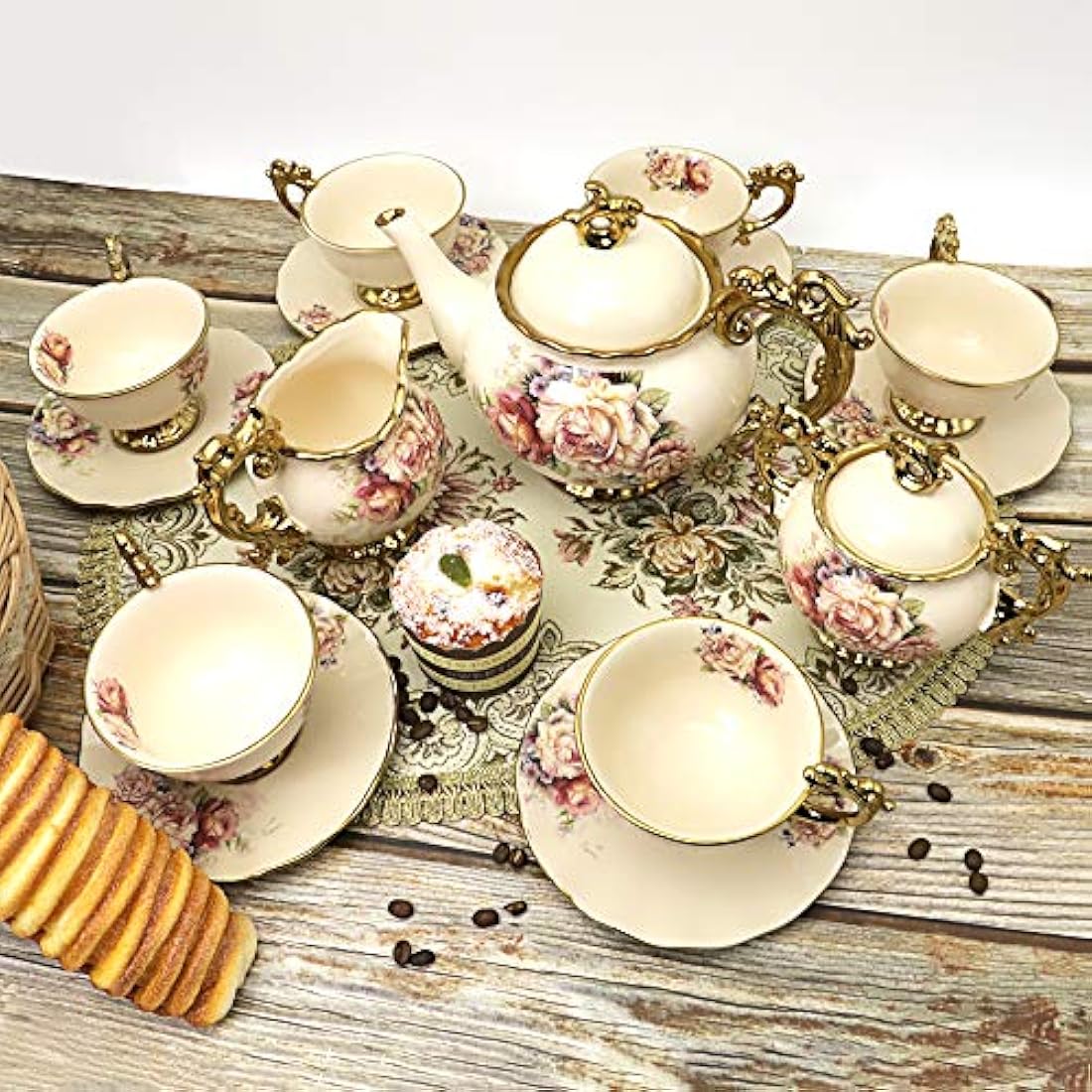fanquare 15 Pieces British Royal Afternoon Tea Set, Floral Golden Porcelain Tea Cups and Saucers with Teapot, Elegant Wedding China Tea Service for Adults