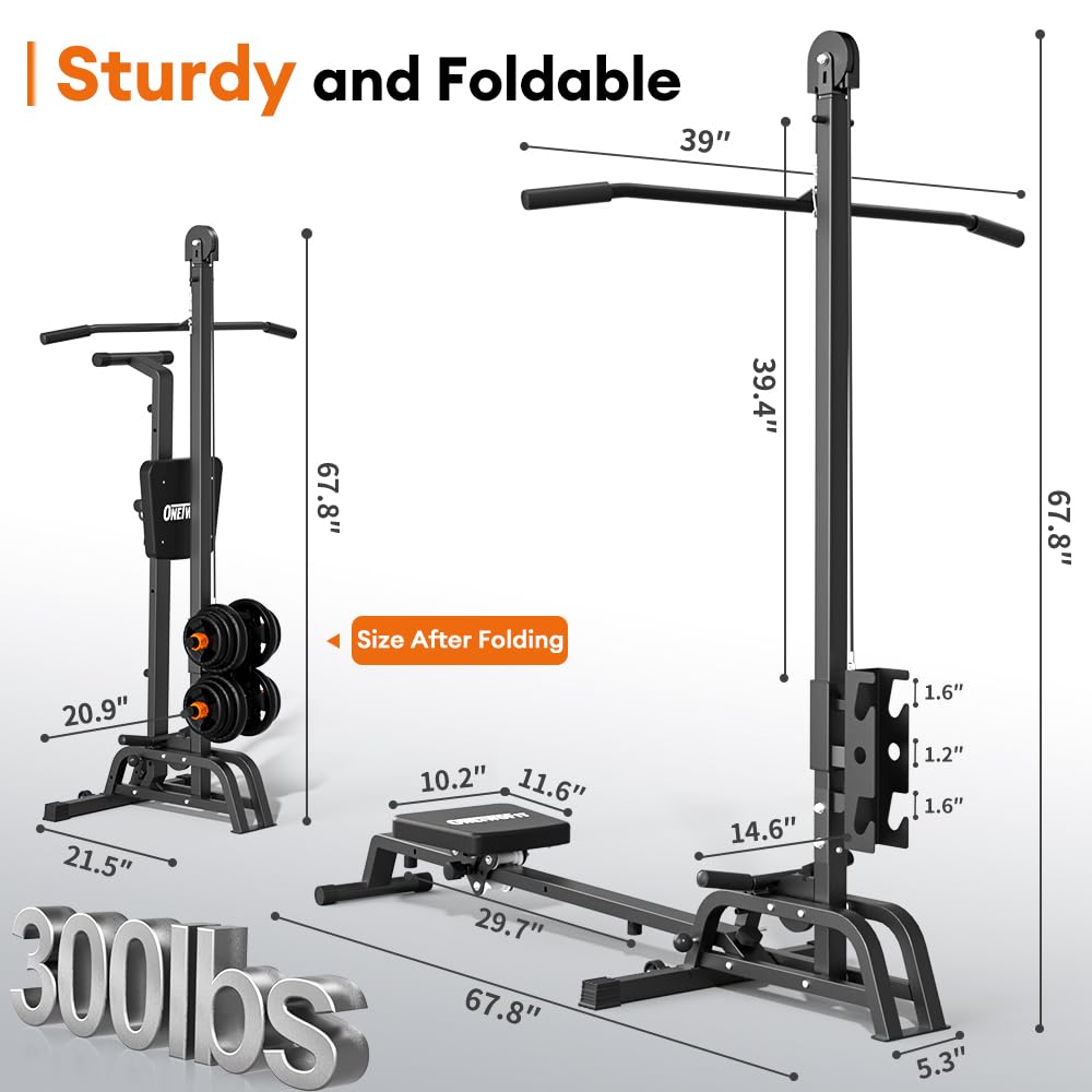 ONETWOFIT Foldable Rowing Machine & LAT Pull Down Machine 2 in 1 Multi-function Compact Rowing Machine for Home, Low Row Cable Fitness with Flat Weight Bench