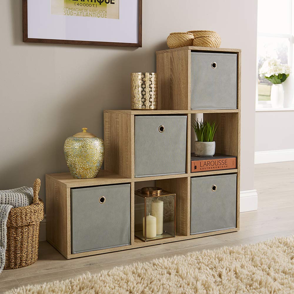 Home Source Step Style Storage 6 Cube Bookcase Wooden Display Staircase, Oak Effect