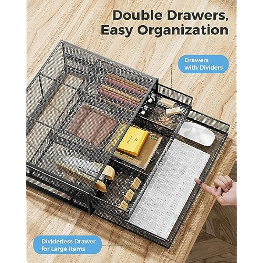 HUANUO Monitor Stand with 2 Storage Drawers - Metal Mesh Desk Organisers, Support Laptop, Notebook, PC, Monitor, Printer, Scanner up to 15 KG