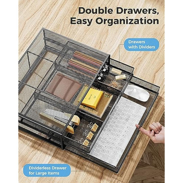 HUANUO Monitor Stand with 2 Storage Drawers - Metal Mesh Desk Organisers, Support Laptop, Notebook, PC, Monitor, Printer, Scanner up to 15 KG