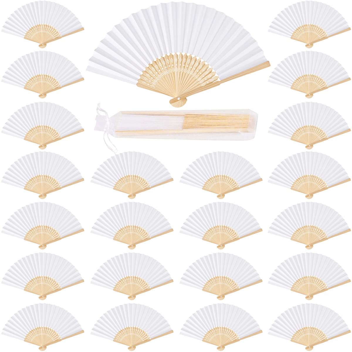 iZoeL Wedding Fan 60, Folding Hand Held Fan Bamboo Paper for Church Wedding Gift, Wall Decoration, Party Favor, DIY Wall, Vintage Fan (White) Organza
