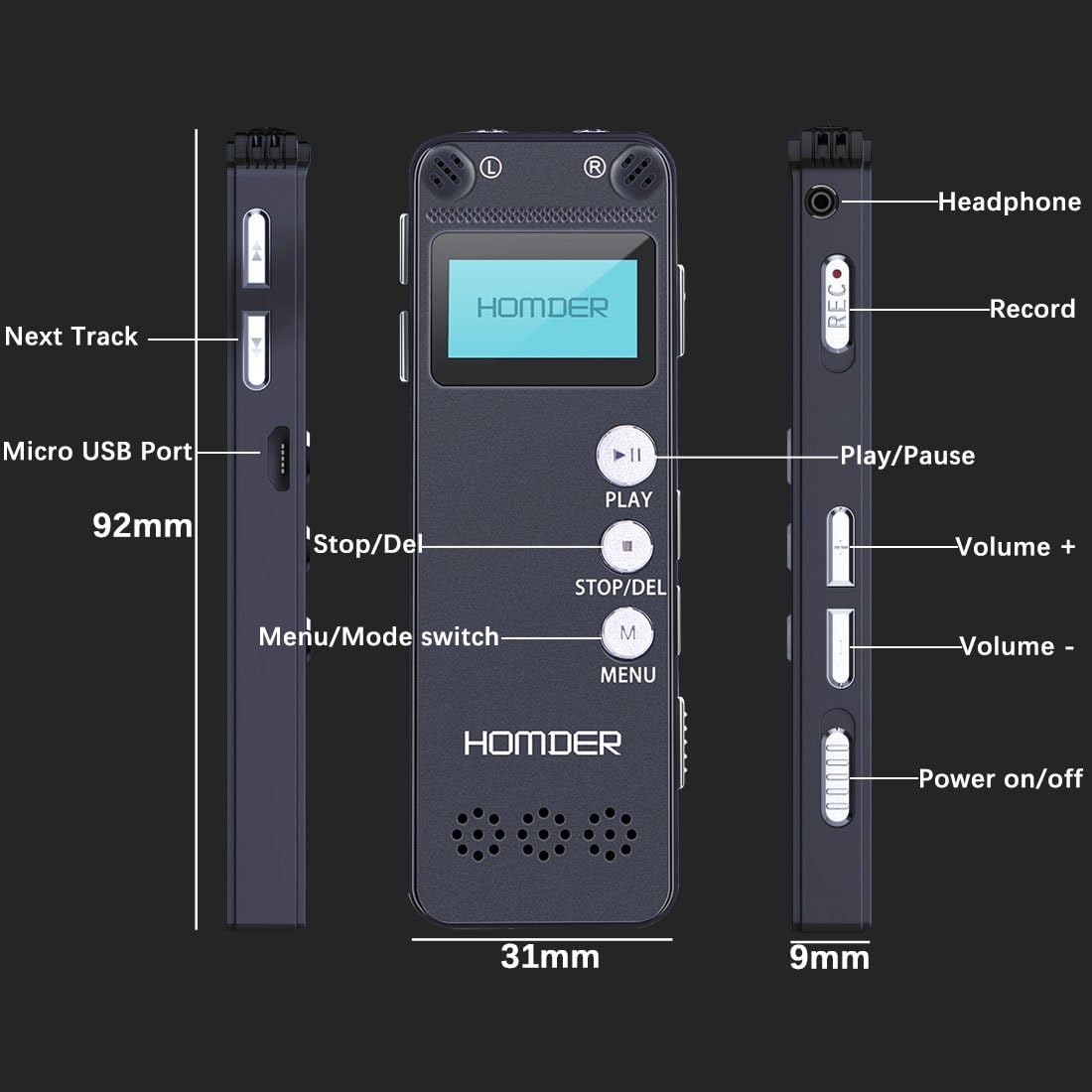 Digital Voice Recorder, Homder USB Professional Dictaphone Recorder with MP3 Player, Activated Rechargeable, Stereo HD Recording for Lectures (8GB)