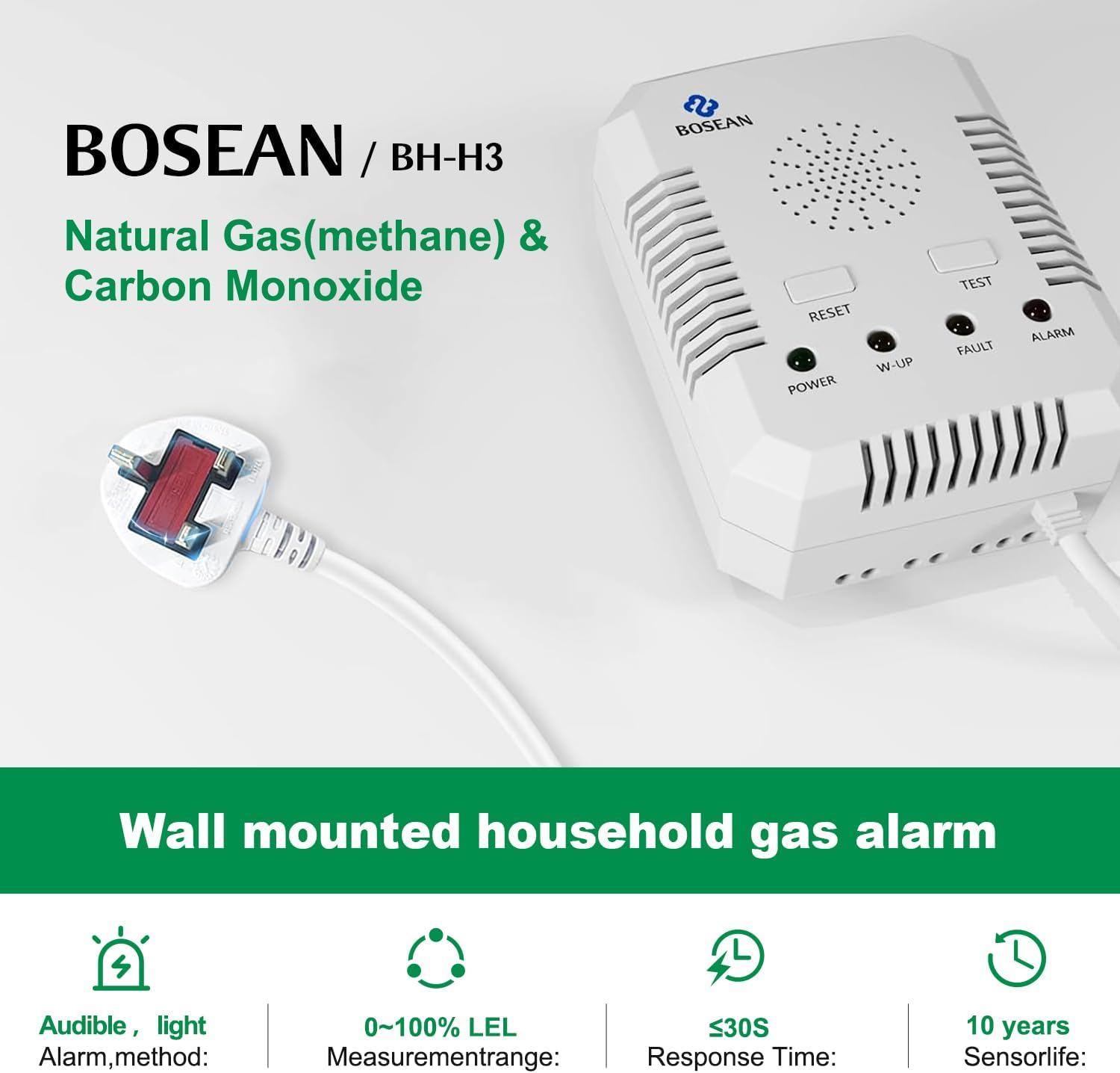 2 in 1 Carbon Monoxide Detector and Natural Gas Detector, Upgrade 2M Cable Wall-mounted CO Alarm with 2 Sensors for Home Kitchen, Gas Leak Detector with 10 Years Sensor Life