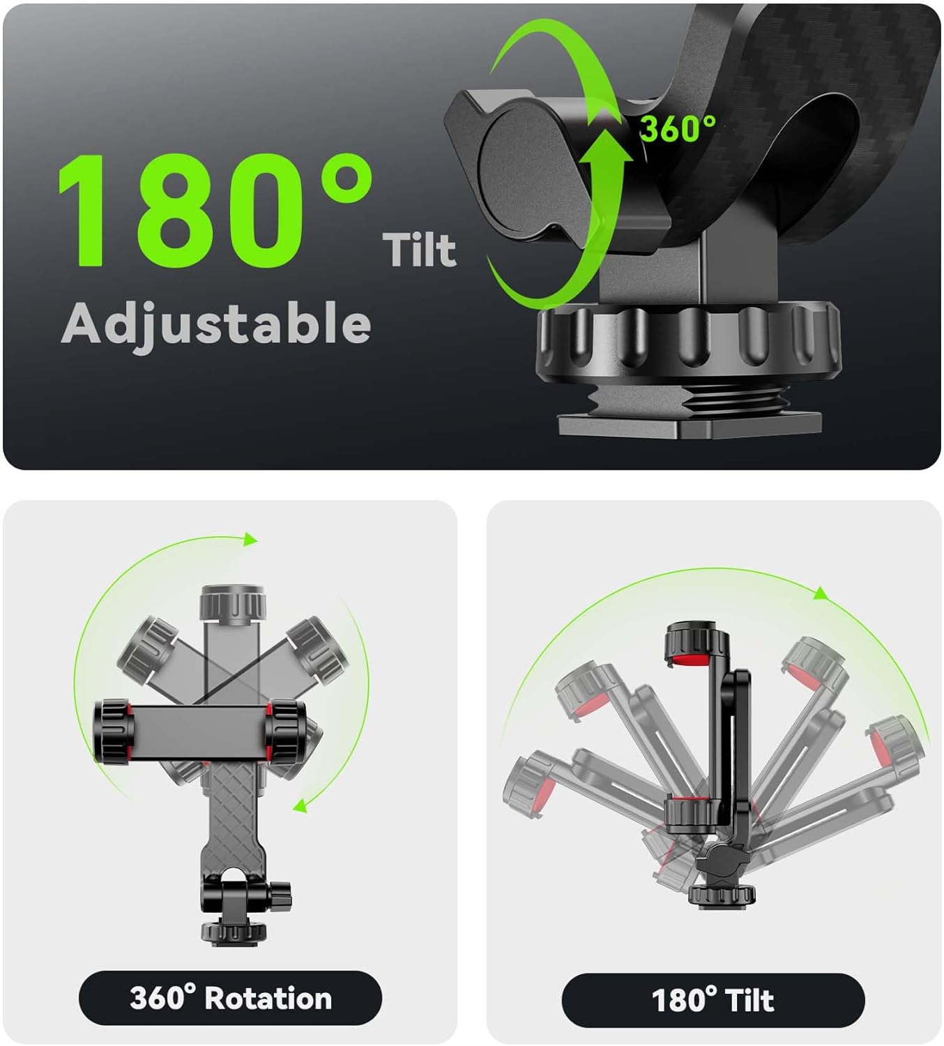 YZNT Phone Tripod Mount, Universal Smartphone Holder with 2 Cold Shoe Mount Adapter and 1/4" Standard Screw Thread, 360°Rotation & 180°Tilt Phone Clamp Compatible with iPhone & Android for Photography