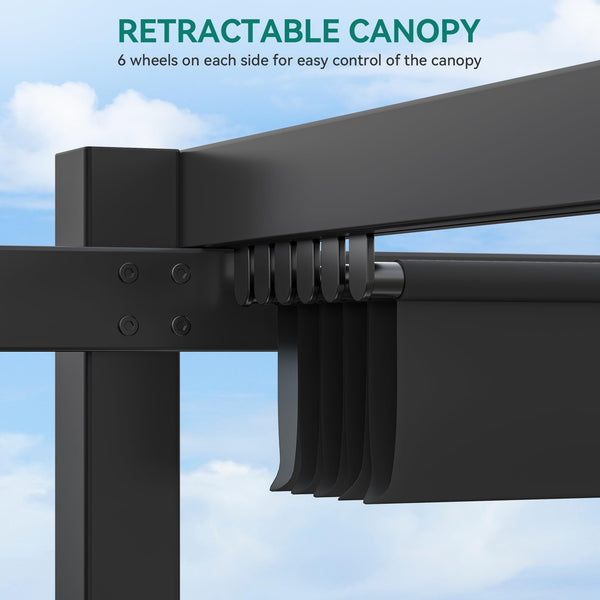Metal Pergola with Retractable Roof, Outdoor Pergola Includes Water-Resistant and SPF 15 PU Coated Canopy, Sun Shade for Barbecue Events, Garden Parties, and Lawn in Dark grey 3x3Meter
